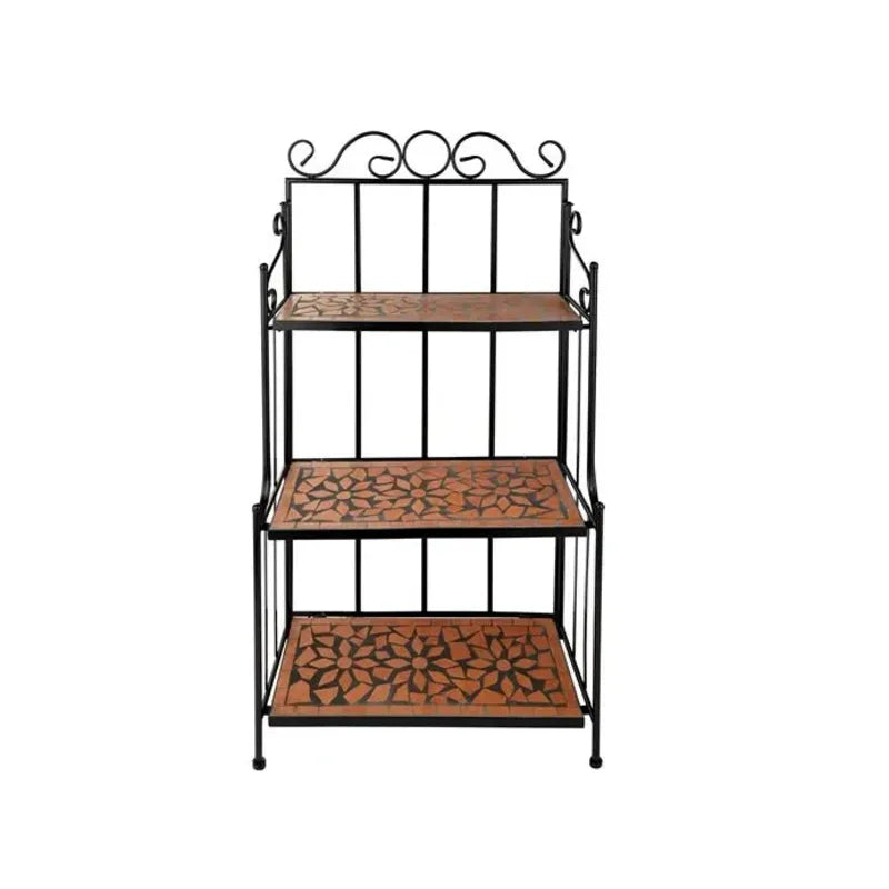 Étagère 3 niveaux pour plantes mosaïque - fer forgé & marron terracotta