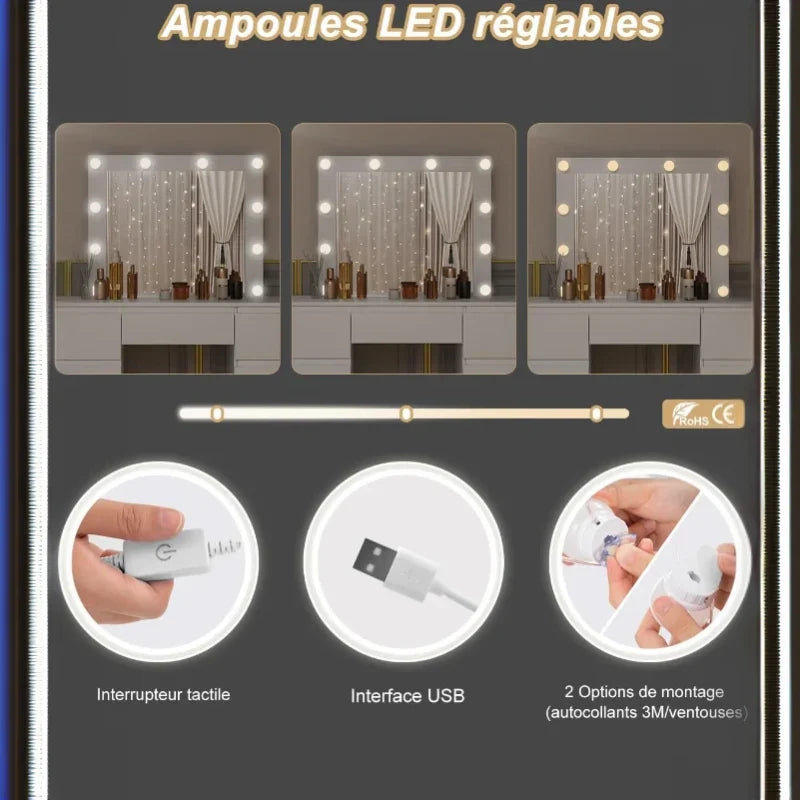 Coiffeuse blanche avec miroir led - 7 tiroirs