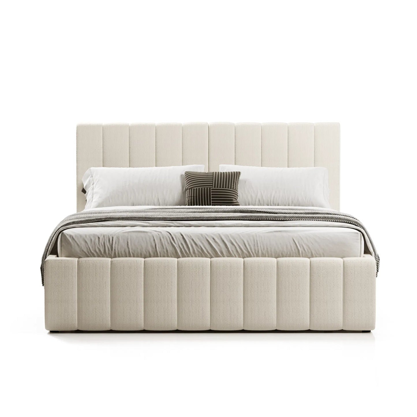Lit Coffre Tissu Velours Côtelé - Tissu Bouclettes Beige