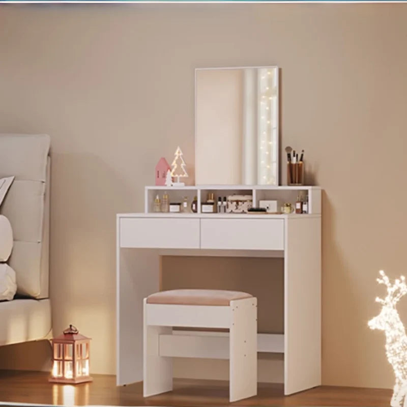 Petite coiffeuse avec miroir - 2 tiroirs - 3 compartiments - blanche