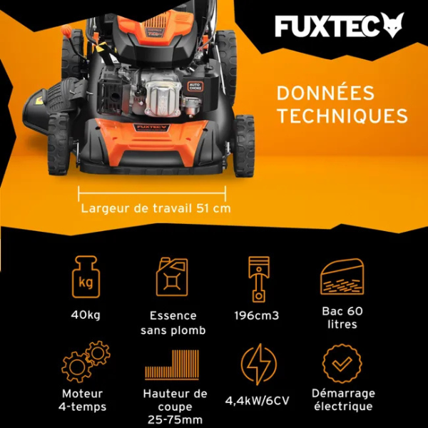 Tondeuse thermique autotractée démarrage électrique 196cm3 51cm -6CV 60L