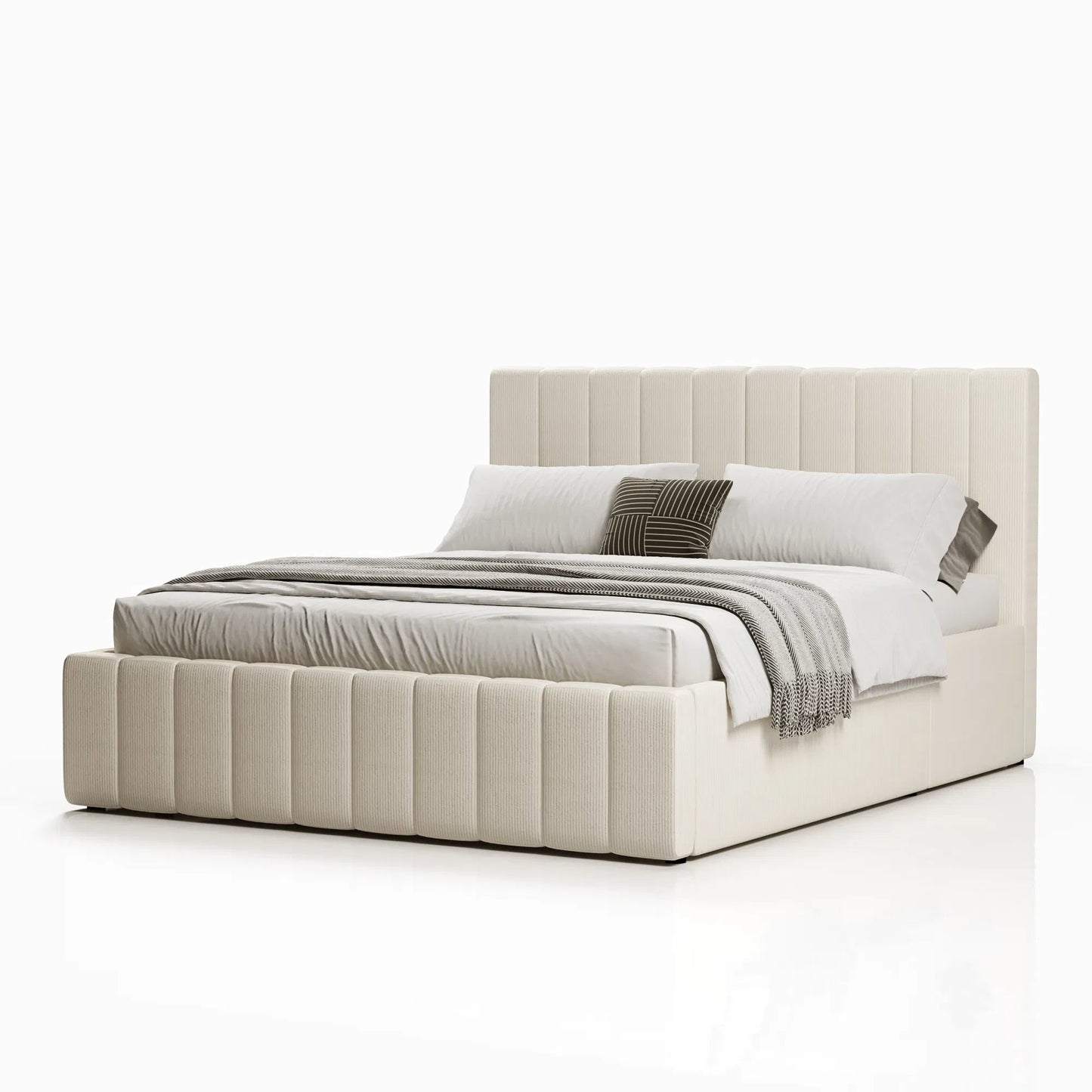 Lit Coffre Tissu Velours Côtelé - Tissu Bouclettes Beige