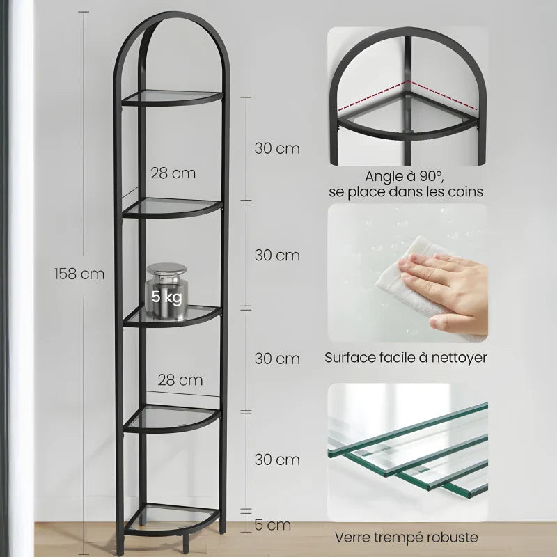Étagère d'angle à 5 niveaux verre trempé et cadre métal noir
