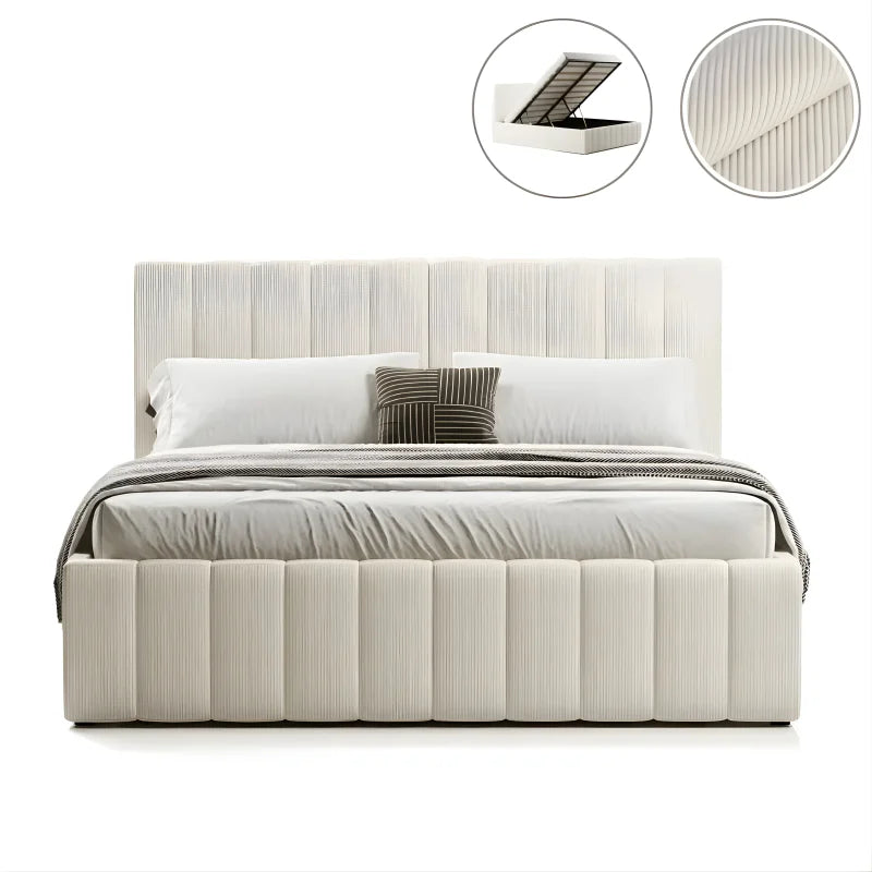 Lit Coffre Tissu Velours Côtelé - Tissu Bouclettes Beige