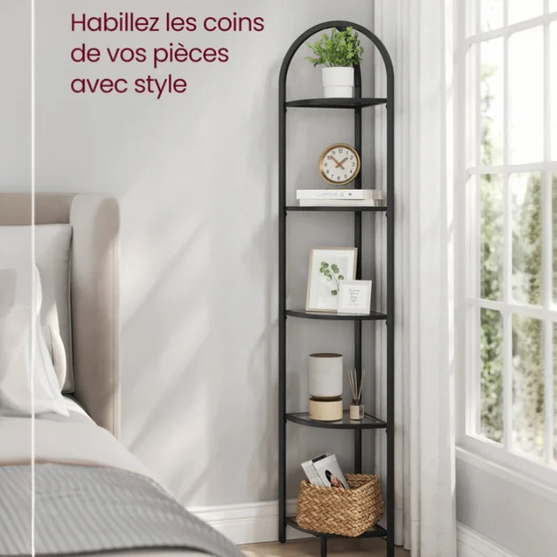 Étagère d'angle à 5 niveaux verre trempé et cadre métal noir