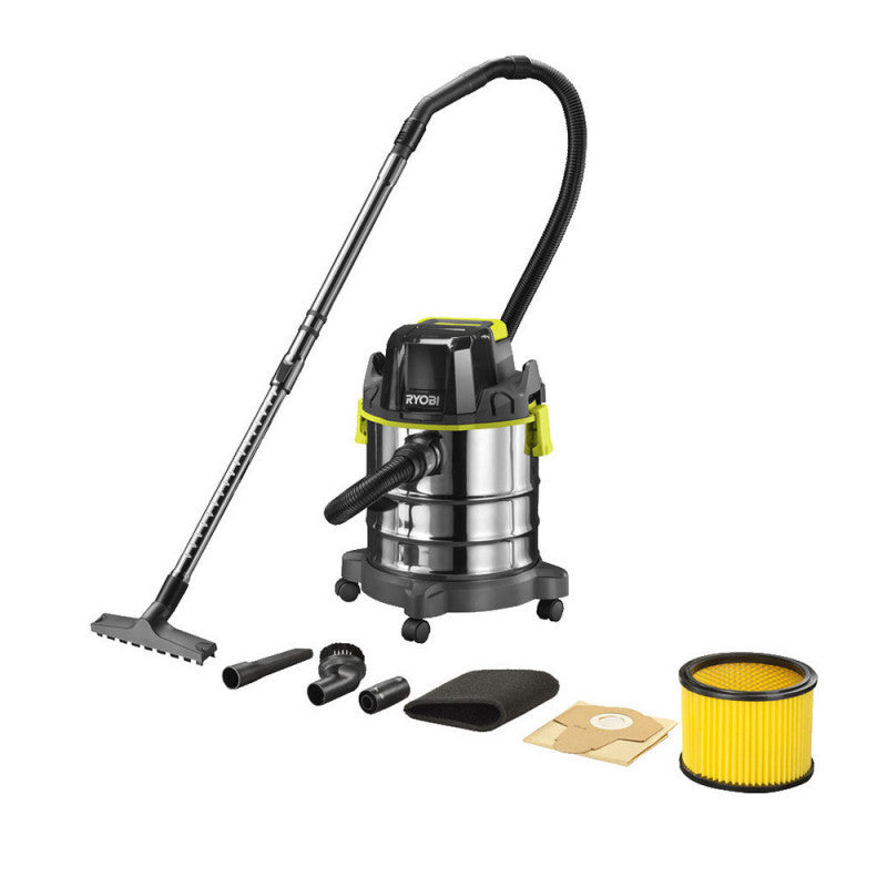 Aspirateur eau et poussière 18V  RYOBI R18WDV-0 - cuve inox 18L -11,4 kPa - 1,4 m3/min + Accessoires