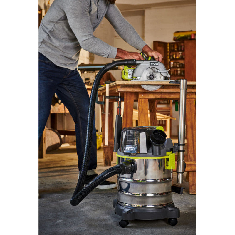 Aspirateur eau et poussière 18V  RYOBI R18WDV-0 - cuve inox 18L -11,4 kPa - 1,4 m3/min + Accessoires