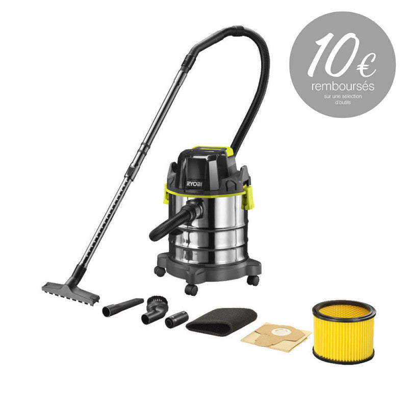 Aspirateur eau et poussière 18V  RYOBI R18WDV-0 - cuve inox 18L -11,4 kPa - 1,4 m3/min + Accessoires