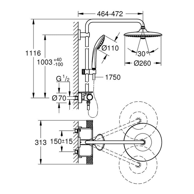 Colonne de douche thermostatique VITALIO SYSTEM 260 GROHE 26403002 tête Ø 26 cm + douchette 3 jets - chrome