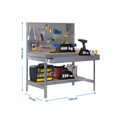 Etabli de travail 1200mm - SIMONRACK - BT2 BOX 1200 - 2 tablettes 1 tiroir et panneau percé
