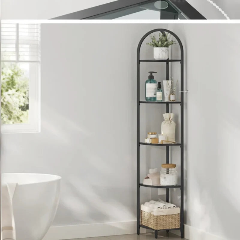 Étagère d'angle à 5 niveaux verre trempé et cadre métal noir