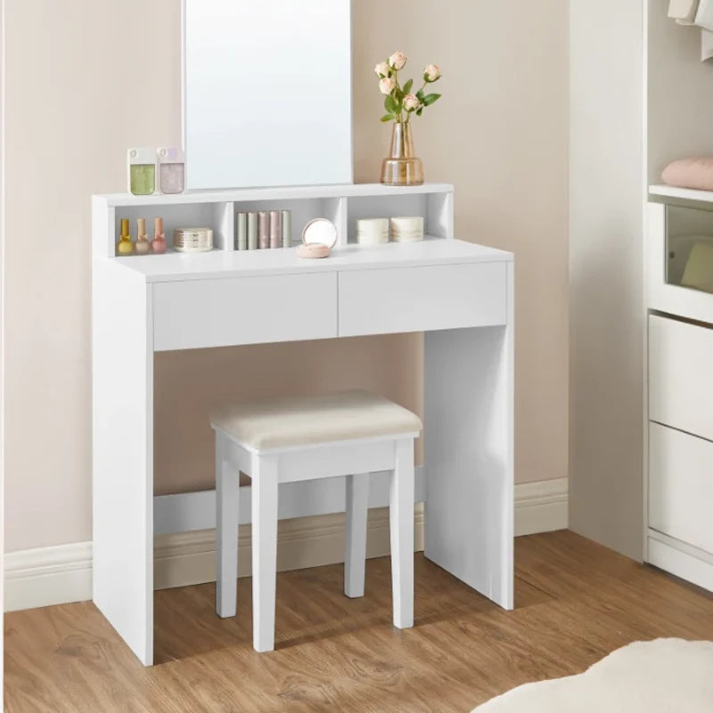 Petite coiffeuse avec miroir - 2 tiroirs - 3 compartiments - blanche