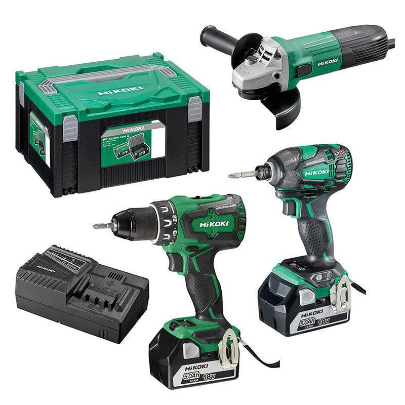 Pack 3 outils HIKOKI (DS18DBSL + WH18DBDL2 + G13STA) 18 V Li-Ion (2 x 5,0 Ah)