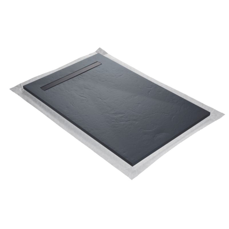 Receveur résine 140x90cm extra-plat MARMOX RC14090LITE-7015-LINE - Grille caniveau excentrée - Gris imitation ardoise